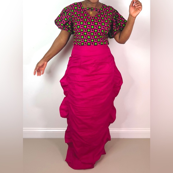 African Print Ankara Multicolor Statement Sleeve Cutout Top and Maxi Skirt Set - Picture 6 of 9